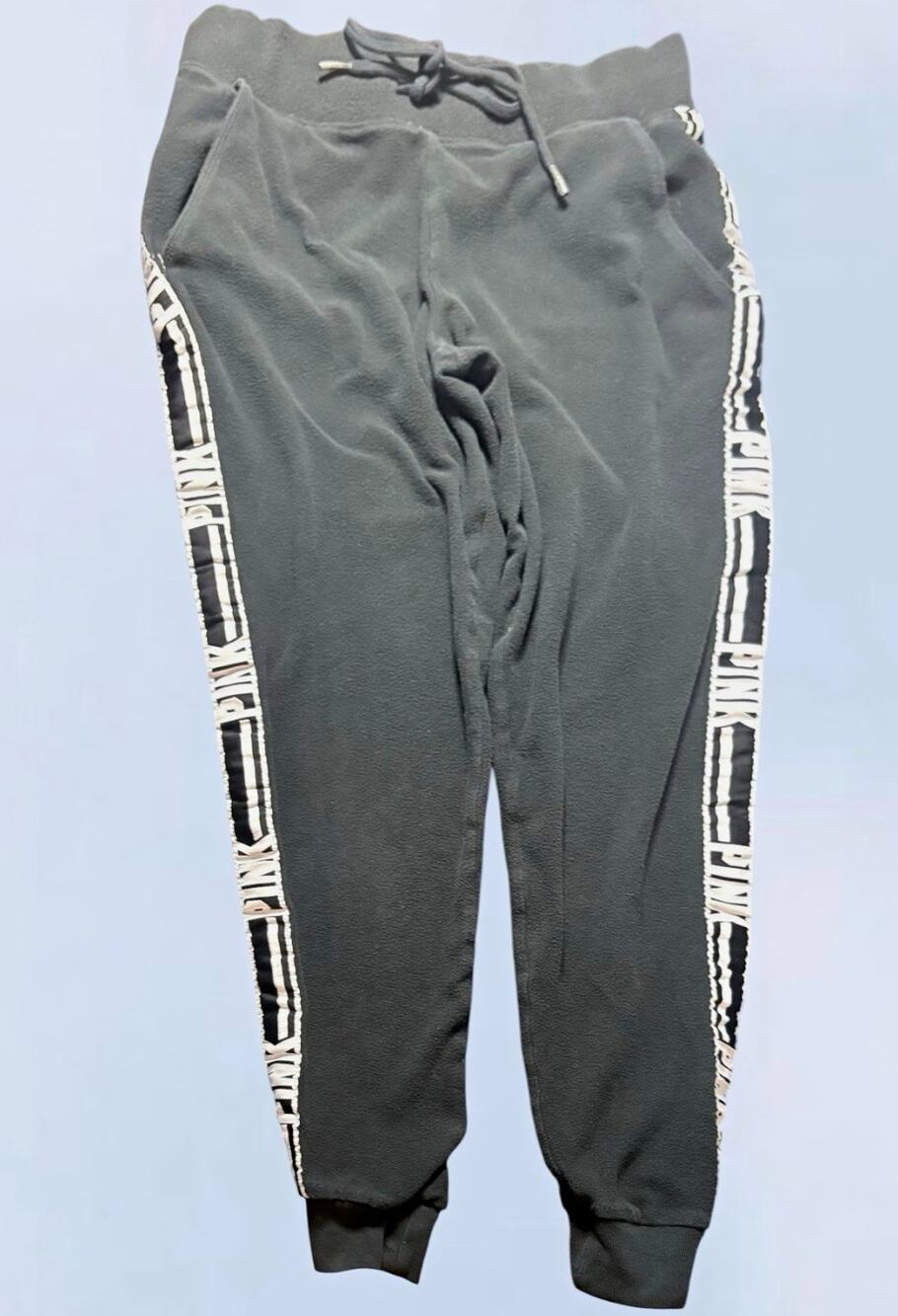 PINK Victoria's Secret Women’s Black Fleece Logo Tape Jogger Pants XS Drawstring